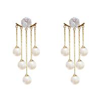 Brass Drop Earring, with Plastic Pearl, gold color plated, micro pave cubic zirconia & for woman, white 