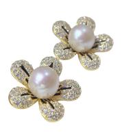 Brass Stud Earring, with Plastic Pearl, Flower, gold color plated, micro pave cubic zirconia & for woman, 17mm 