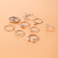 Zinc Alloy Ring Set, with Plastic Pearl, silver color plated, 3D effect & for woman & with rhinestone & hollow, silver color, Approx 