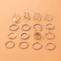 Zinc Alloy Ring Set, with Plastic Pearl, silver color plated, for woman & hollow, silver color, Approx 