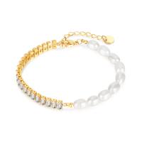 304 Stainless Steel Bracelet, with Freshwater Pearl, with 1.77inch extender chain, fashion jewelry & micro pave cubic zirconia & for woman Approx 6.5 Inch 