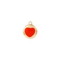 Enamel Brass Pendants, Flat Round, gold color plated, red 