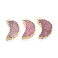Natural Agate Druzy Pendant, Ice Quartz Agate, with Brass, Moon, gold color plated, DIY pink, 14x30- 
