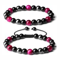 Gemstone Bracelets, Non Magnetic Hematite, with Polyester Cord & Tiger Eye, Round, 2 pieces & Unisex 8mm .09 Inch 
