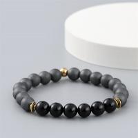 Non Magnetic Hematite Bracelet, with Black Stone & Zinc Alloy, Round, gold color plated, elastic & for man, mixed colors, 8mm cm 