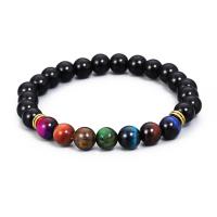 Gemstone Bracelets, Black Stone, with Tiger Eye & Zinc Alloy, Round, gold color plated, elastic & for man, mixed colors, 8mm cm 
