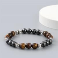 Tiger Eye Bracelet, with Non Magnetic Hematite & Crystal & Zinc Alloy, Round, silver color plated, elastic & for man, mixed colors, 8mm cm 