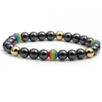 Non Magnetic Hematite Bracelet, with Brass, Round, plated, elastic & micro pave cubic zirconia & enamel 8mm cm 