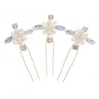 Hair Stick, Iron, with brass wire & Rhinestone & Plastic Pearl, gold color plated, three pieces & for woman, golden 
