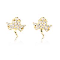 Cubic Zirconia Micro Pave Sterling Silver Earring, 925 Sterling Silver, Leaf, plated, micro pave cubic zirconia & for woman 9mm 