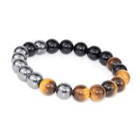 Gemstone Bracelets, Tiger Eye, with Black Stone & Non Magnetic Hematite, Round, elastic & Unisex, mixed colors, 8mm Inch 