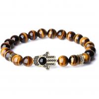 Gemstone Bracelets, Black Agate, with Tiger Eye & Brass, Hand, plated, elastic & Unisex & micro pave cubic zirconia .5 Inch 