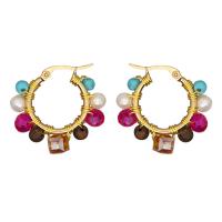 Stainless Steel Hoop Earring, 304 Stainless Steel, with Gemstone & Freshwater Pearl & Crystal, Donut, gold color plated, fashion jewelry & for woman, multi-colored 