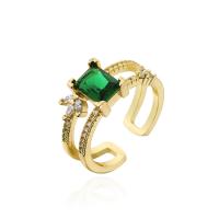 Cubic Zirconia Micro Pave Brass Finger Ring, gold color plated, Adjustable & micro pave cubic zirconia & for woman, green 