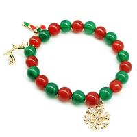Zinc Alloy Christmas Bracelet, Red Agate, with Green Agate & Zinc Alloy, gold color plated, for woman & enamel & with rhinestone, mixed colors .5 Inch 