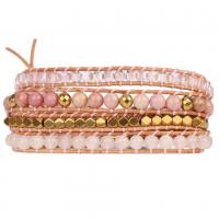 Wrap Bracelets, Rose Quartz, with leather cord & Grain Stone & Zinc Alloy, multilayer & for woman Approx 31.89 Inch 