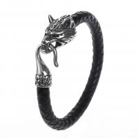 Leather Bracelet, with 316 Stainless Steel, Wolf, fashion jewelry & for man & blacken 8mm 