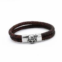 Leatheroid Cord Bracelets, Leather, with 316 Stainless Steel, Skull, Double Layer & vintage & Unisex & anti-fatigue, brown Approx 21.5 cm 