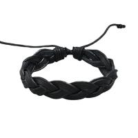 PU Leather Bracelet, with Wax Cord, with 8-9cm extender chain, knit, vintage & Adjustable & fashion jewelry & for man, black, 15mm cm 