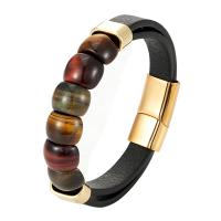 Tiger Eye Stone Bracelets, Leather, with Tiger Eye & 304 Stainless Steel, plated, Double Layer & Unisex 