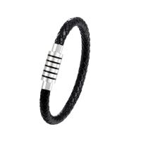 Leather Bracelet, with 316L Stainless Steel, platinum color plated, braided bracelet & Unisex  black 