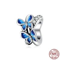 Cubic Zirconia Sterling Silver European Beads, 925 Sterling Silver, Butterfly, oxidation, micro pave cubic zirconia & enamel, blue 