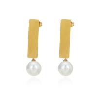 Edelstahl Perle Stud Ohrring, 304 Edelstahl, mit Kunststoff Perlen, goldfarben plattiert, für Frau, 9x35mm, verkauft von Paar