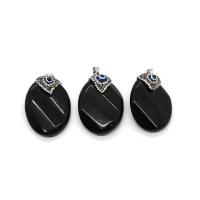 Black Agate Pendants, with Rhinestone Clay Pave & Resin & Brass, Ellipse, silver color plated, DIY, black 