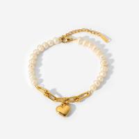 Cultured Freshwater Pearl Bracelets, 304 Stainless Steel, with Freshwater Pearl, with 1.57 inch extender chain, Heart, 18K gold plated, for woman Approx 7.28 Inch 