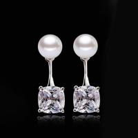 Cubic Zircon Brass Earring, with Plastic Pearl, Teardrop, silver color plated, micro pave 57 pcs cubic zirconia & for woman, silver color, 16mm 
