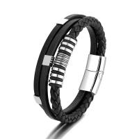 Titanium Steel Bracelet, with PU Leather, multilayer & for man, black Approx 8.46 Inch 