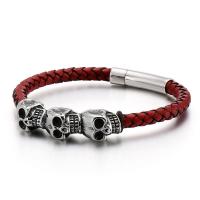 316L Stainless Steel Bracelet, with cowhide cord, Skull, gold color plated, dyed & for man Approx 8.46 Inch 
