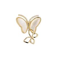 Brass Brooch, with Natural Seashell, Butterfly, 14K gold-filled, micro pave cubic zirconia & for woman, golden 
