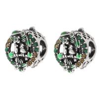 Zinc Alloy Large Hole Beads, Round, silver color plated, DIY & enamel & with rhinestone, green Approx 5mm 