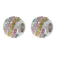 Zinc Alloy Large Hole Beads, Round, silver color plated, DIY & with rhinestone, mixed colors Approx 4mm 