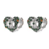Zinc Alloy Large Hole Beads, Heart, silver color plated, DIY & with rhinestone, green Approx 5mm 