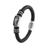 Leather Bracelet, with 316L Stainless Steel, braided bracelet & for man, black, 215mm 