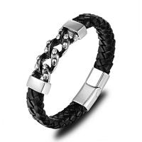 Bracelet en cuir artificiel, avec acier inoxydable 316L, bracelet tressé & normes différentes pour le choix & pour homme, noire, Vendu par PC