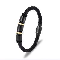 Leather Bracelet, with 316L Stainless Steel, braided bracelet & for man, black, 210mm 