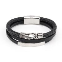 Microfiber PU Bracelet, with 316L Stainless Steel, plated, braided bracelet & for man, black 