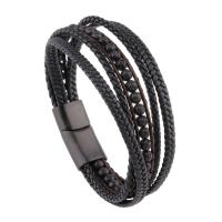 Microfiber PU Bracelet, with Natural Stone & 316L Stainless Steel, vacuum plating black​, multilayer & braided bracelet & for man, black 
