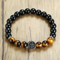 Gemstone Bracelets, Black Agate, with Titanium Steel & Tiger Eye, plated, fashion jewelry & for man, 11*5mm,8mm Approx 6.5 Inch 
