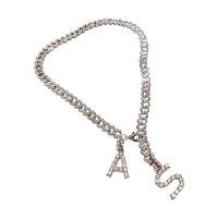 Rhinestone Zinc Alloy Necklace, with 1.8cm extender chain, Alphabet Letter, silver color plated, fashion jewelry & for woman & with rhinestone, silver color .8 cm 