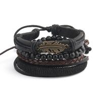 Cowhide Bracelet Set, with Wood & Zinc Alloy, with 8-9cm extender chain, Leaf, antique bronze color plated, 4 pieces & Adjustable & fashion jewelry & for man, black cm 