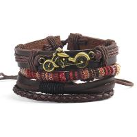 Cowhide Bracelet Set, with Linen & Zinc Alloy, with 8-9cm extender chain, Motorcycle, antique bronze color plated, vintage & 4 pieces & Adjustable & fashion jewelry & for man, brown cm 