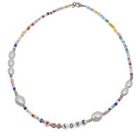 Glass Seed Beads Necklace, Seedbead, with Glass Pearl & Resin & Zinc Alloy, with 1.96inch extender chain, Bohemian style & with letter pattern & for woman Approx 17 Inch 