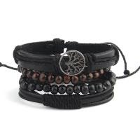Cowhide Bracelet Set, with Linen & PU Leather & Wood, with 8-9cm extender chain, Tree, silver color plated, 4 pieces & Adjustable & fashion jewelry & for man, black cm 