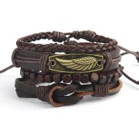 Cowhide Bracelet Set, with Wood & Zinc Alloy, with 8-9cm extender chain, Wing Shape, antique bronze color plated, 4 pieces & Adjustable & fashion jewelry & for man, brown cm 