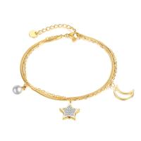 Stainless Steel Charm Bracelet, 304 Stainless Steel, with Plastic Pearl, with 1.57inch extender chain, Moon and Star, Vacuum Ion Plating, fashion jewelry & micro pave cubic zirconia & for woman Approx 6.89 Inch 