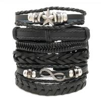 PU Leather Cord Bracelets, with Wax Cord & Copper Coated Plastic & Zinc Alloy, 6 pieces & fashion jewelry & Unisex, black 